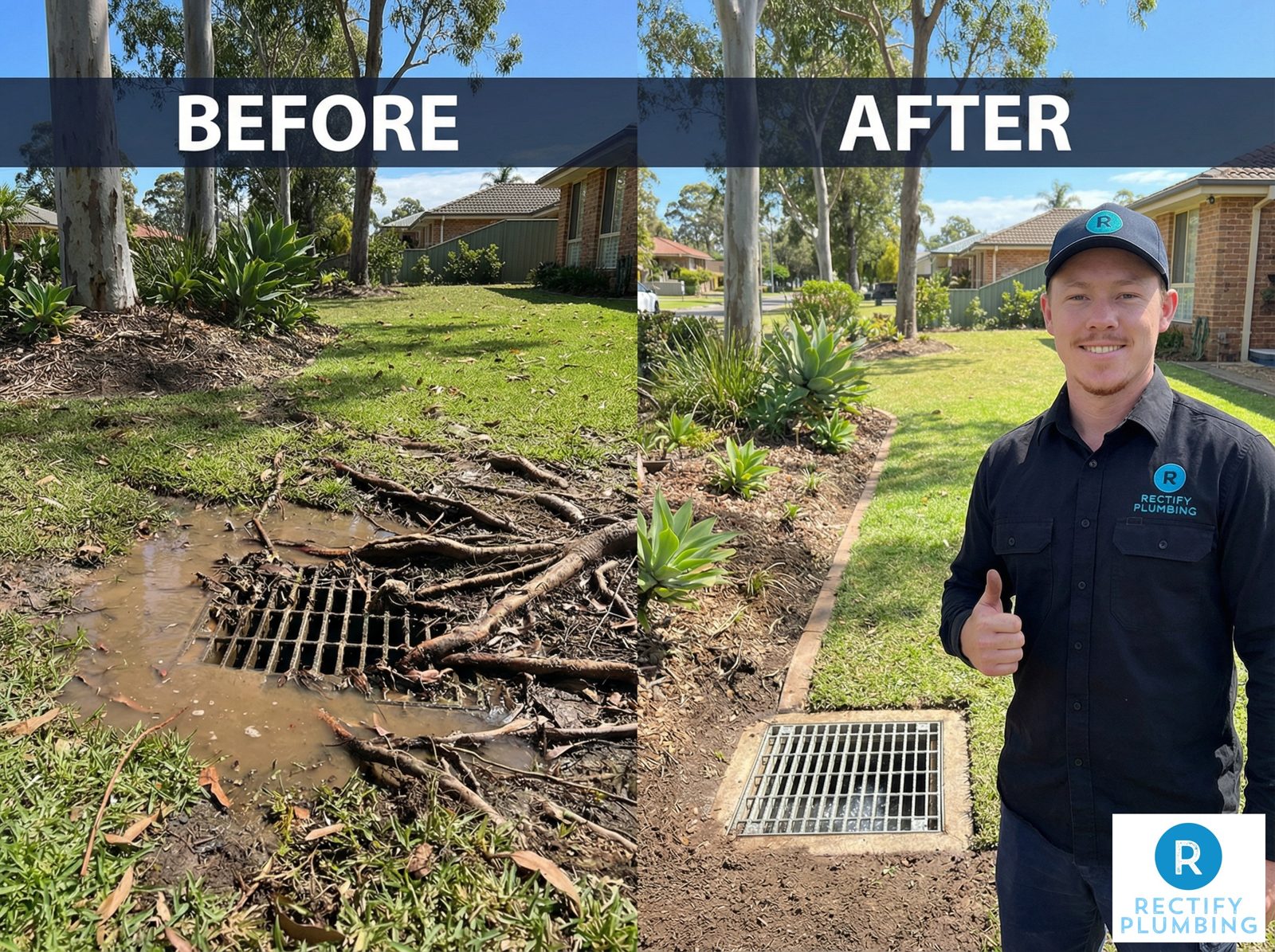 Blocked stormwater drain pit before and after being cleared by a Rectify Plumbing plumber