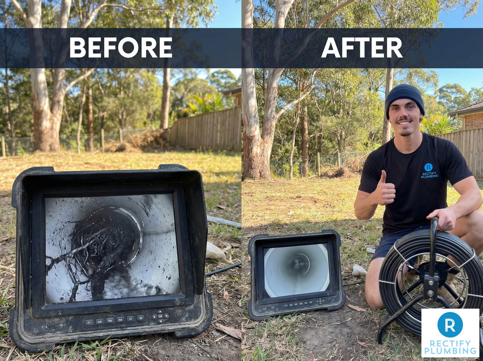 CCTV drain camera footage before and after clearing a blocked sewer pipe in Sydney