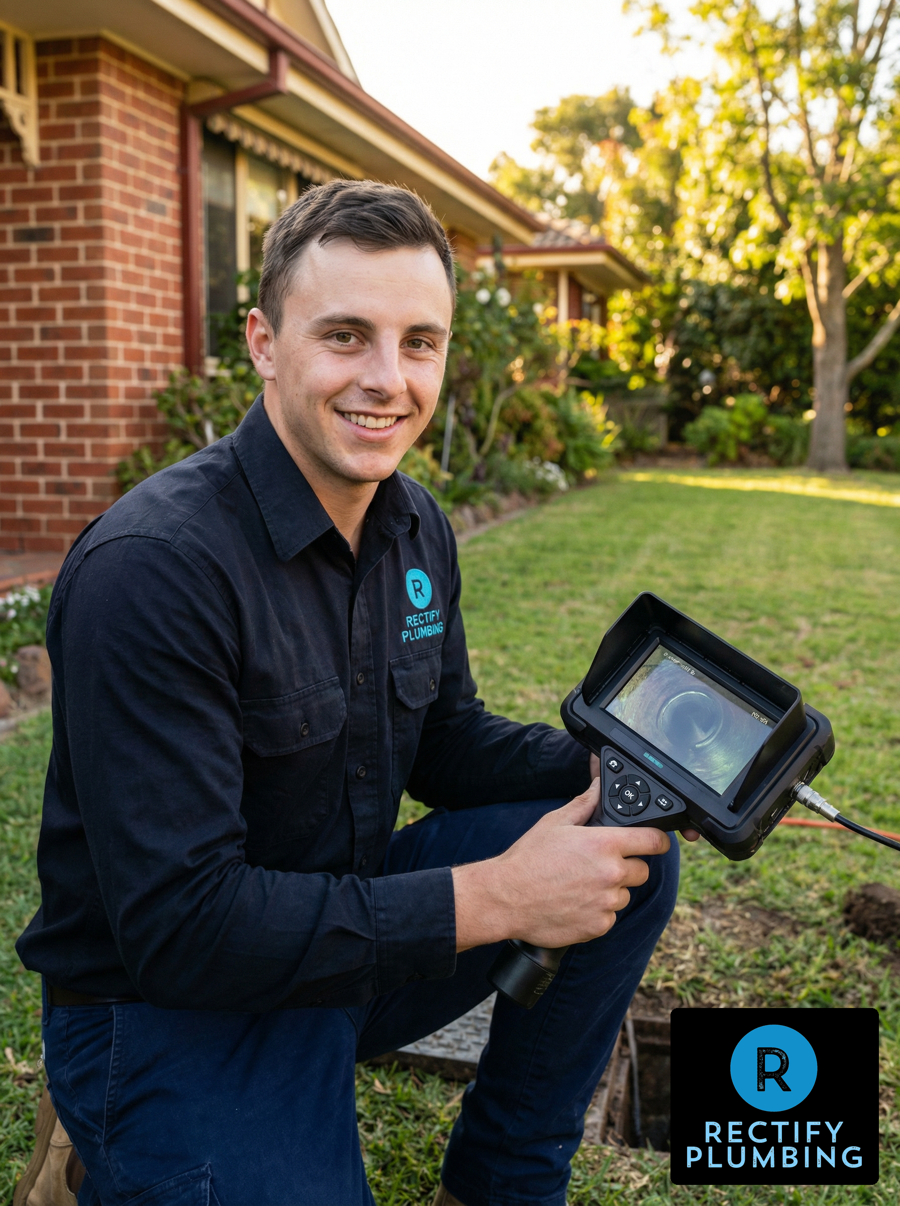 Rectify Plumbing plumber holding a CCTV drain camera monitor at a Sydney property