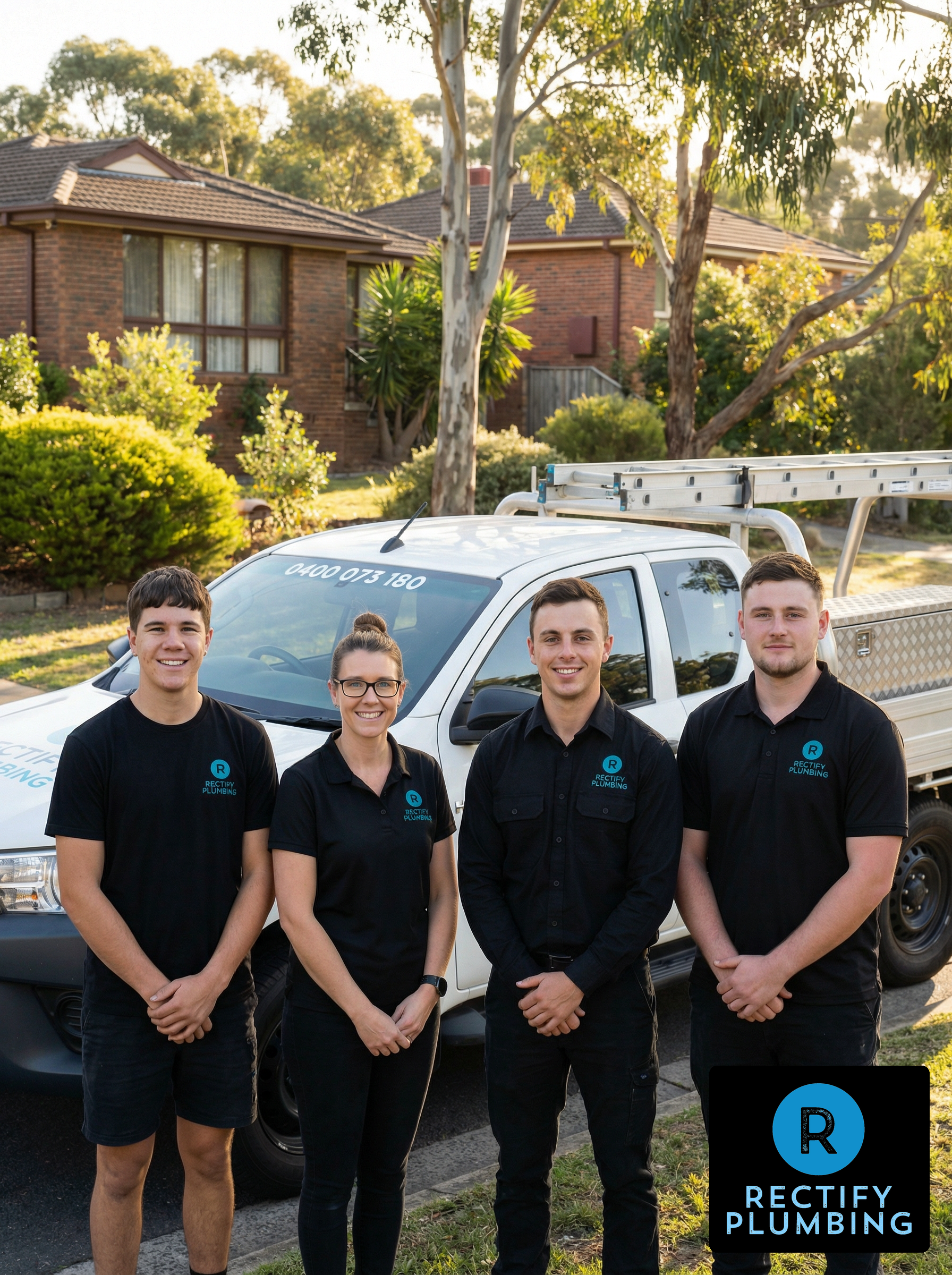 Rectify Plumbing licensed plumbing and gasfitting team beside a branded company ute in Sydney