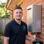 Rectify Plumbing licensed gas fitter beside a Rheem continuous flow gas hot water system in Sydney