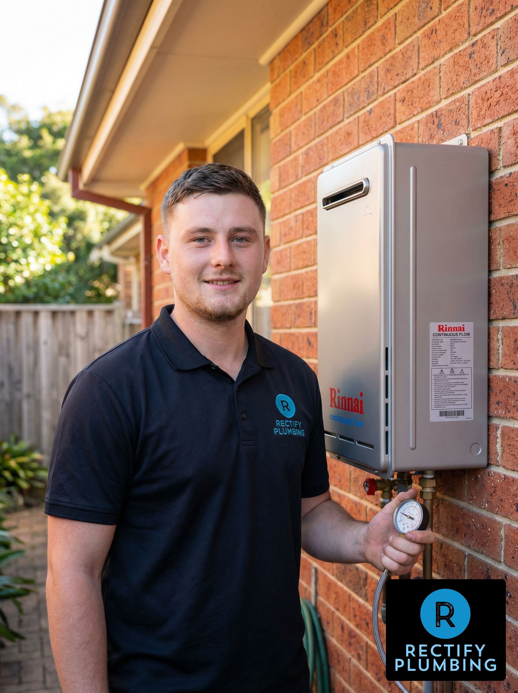 Rectify Plumbing licensed gas fitter beside a Rheem continuous flow gas hot water system in Sydney