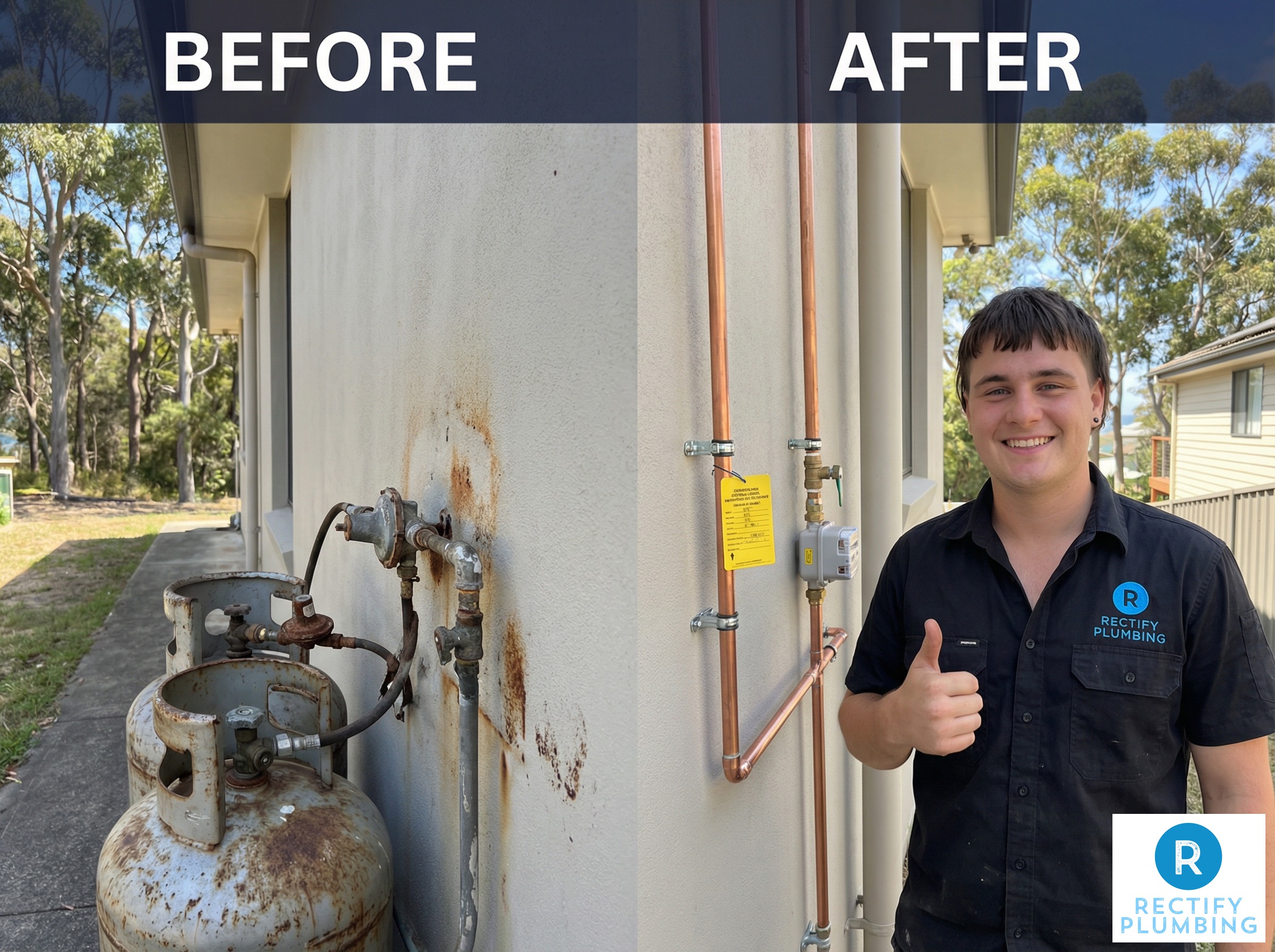 Rectify Plumbing before and after photo of an old LPG gas bottle installation replaced with new copper gas pipework