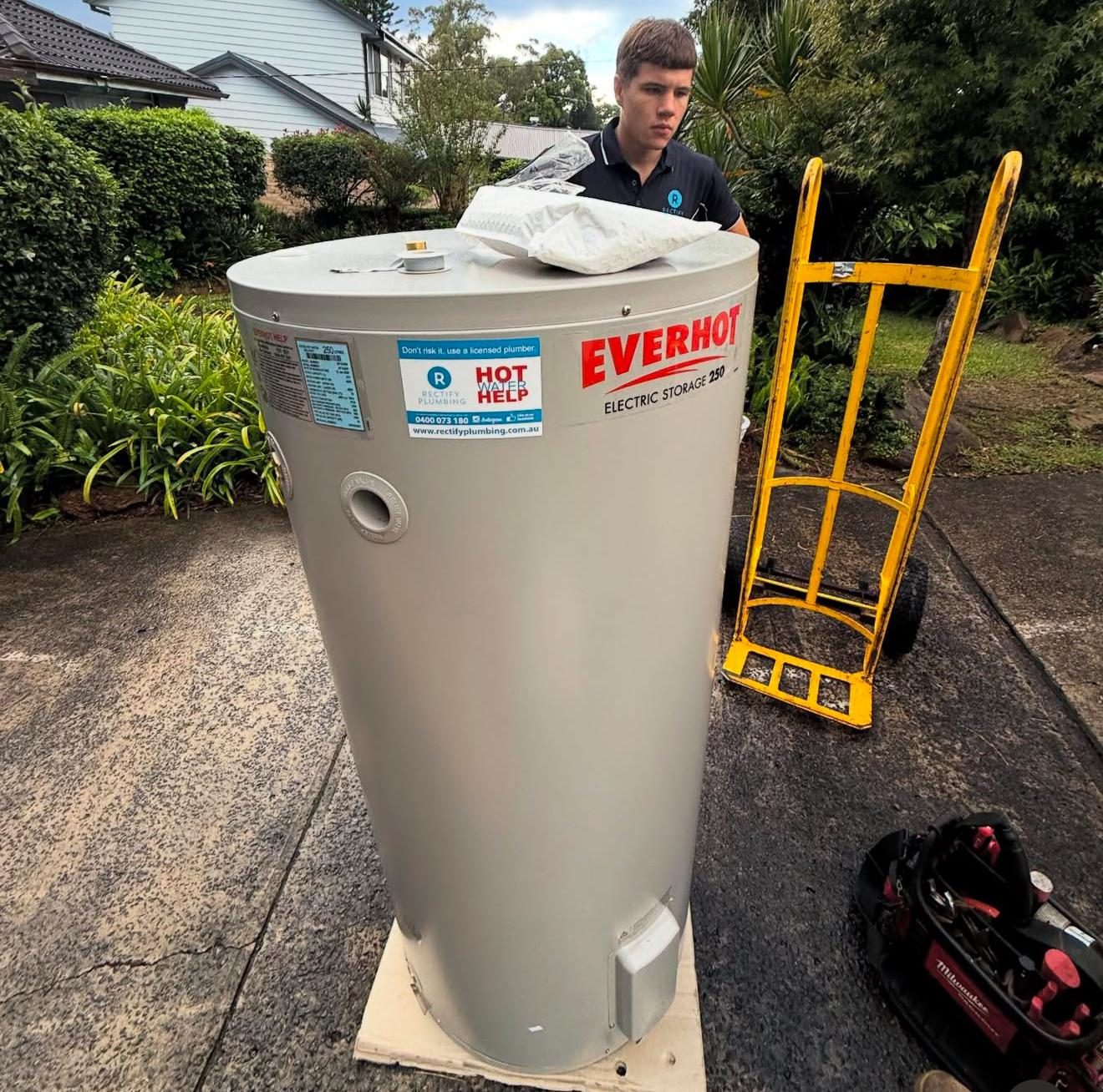 New electric hot water storage tank ready for installation by a Rectify Plumbing plumber