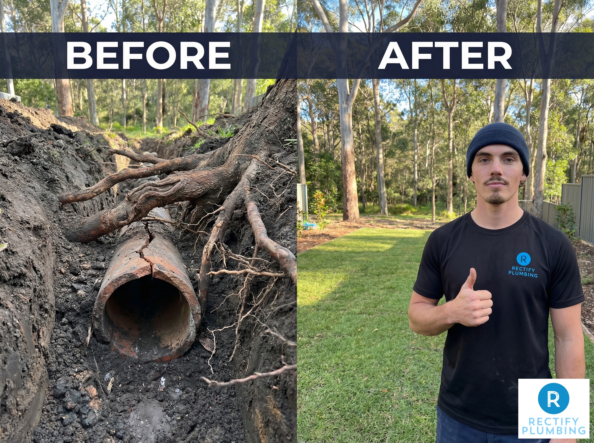 Rectify Plumbing plumber holding a section of clay sewer pipe crushed by tree roots on the Hornsby Shire job site